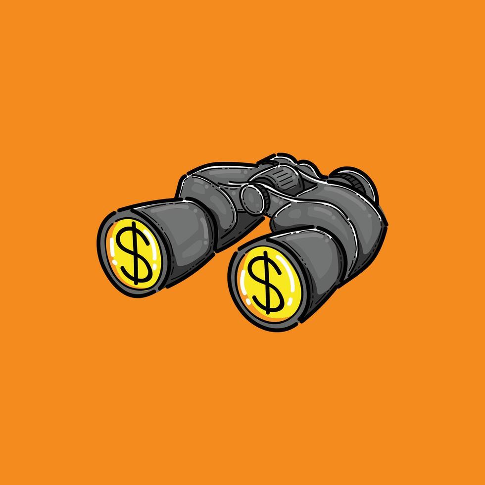 A creative depiction of binoculars with dollar signs, symbolizing financial vision, investment strategies, and economic insight. Ideal for themes of wealth, business planning, and personal finance. vector