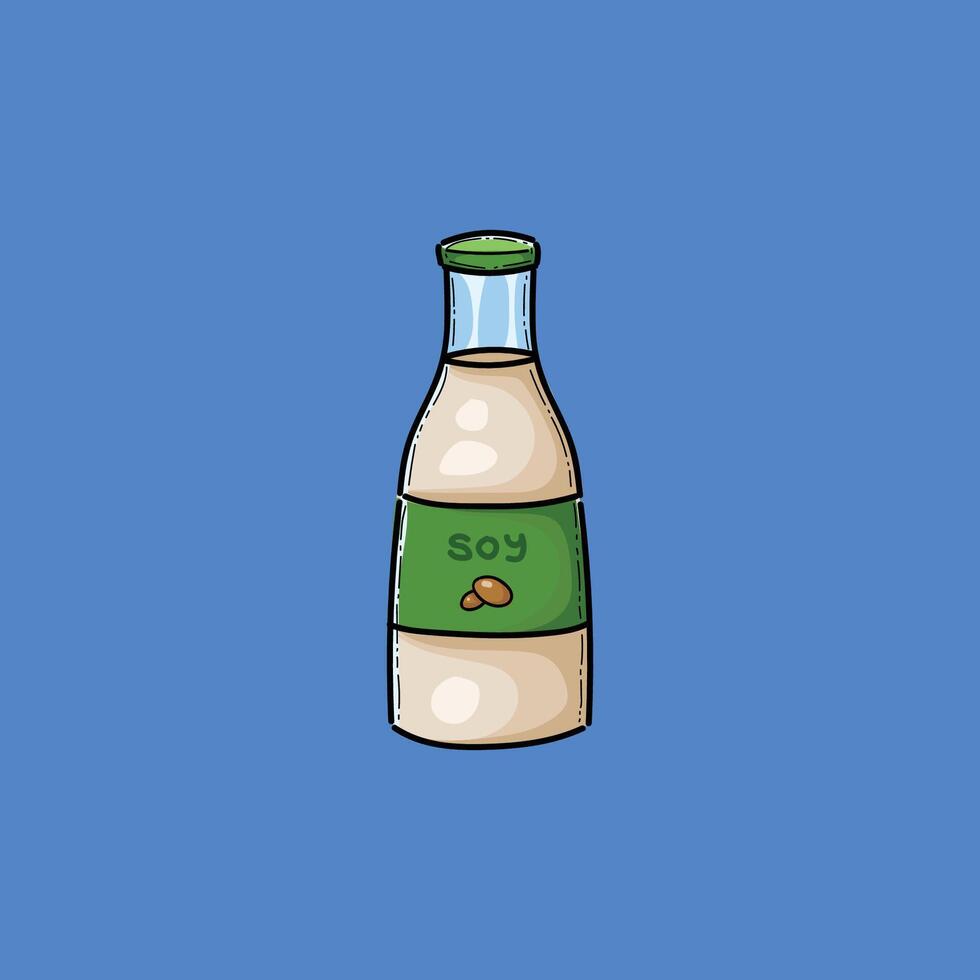 Bright and colorful cartoon-style illustration of a soy milk bottle, featuring a vivid blue background and detailed green labeling, perfect for depicting health, nutrition. vector