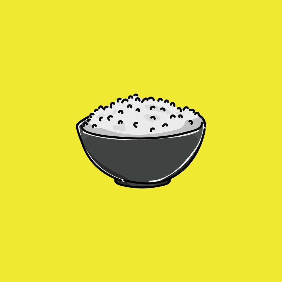 Illustration of a black bowl filled with white rice on a vibrant yellow background, visually emphasizing simplicity and nourishment. vector