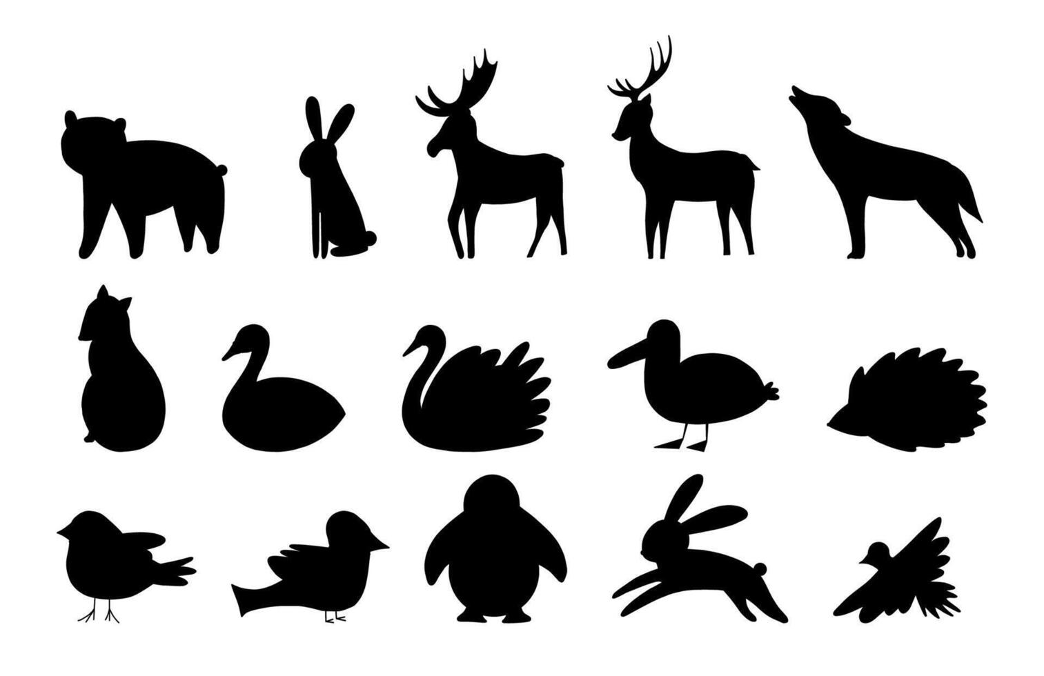 illustration silhouette and shadows forest animals. Cute elements isolated on white background. Bear, hare, elk, deer, wolf, hedgehog, fox, bird vector