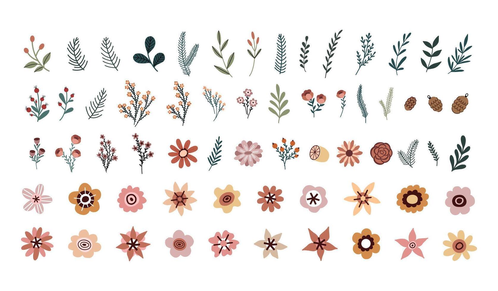 Flower collection simple elements with leaves, flower bouquets and flowers drawn hand drawn vector