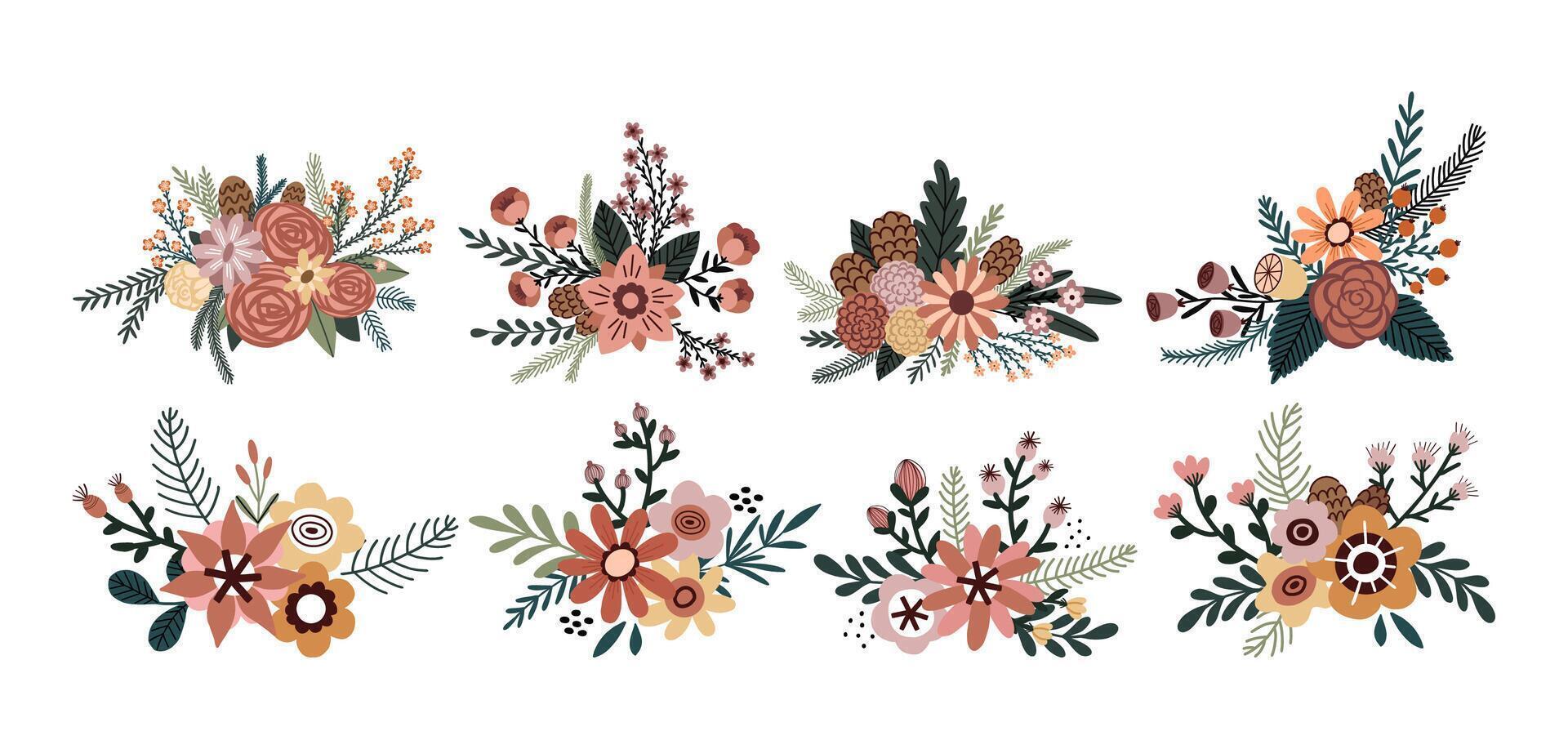 Floral collection with abstract leaves, flower bouquets, fir branches. Illustration with botanical elements in hand drawn style vector
