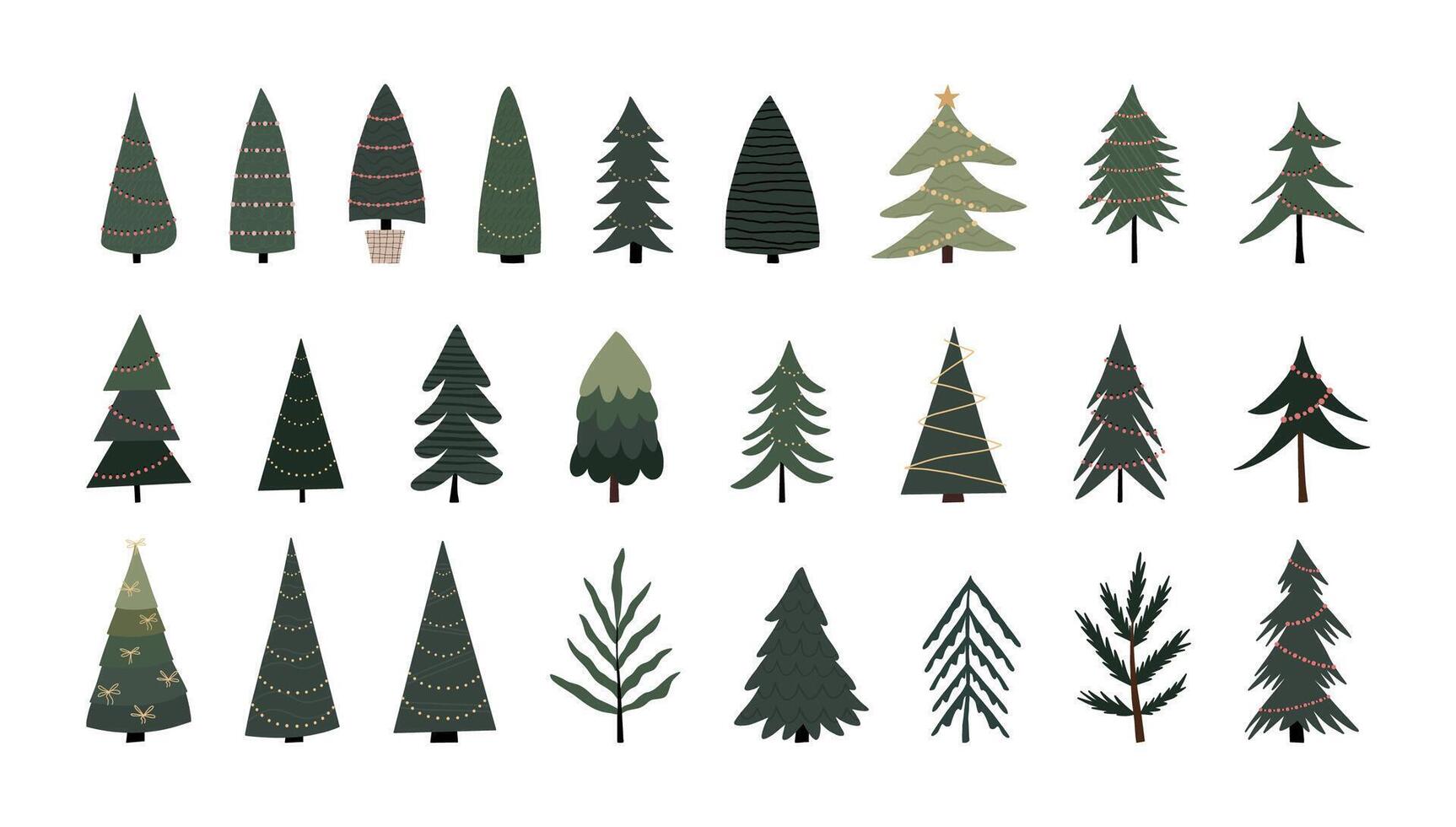Large Set of Christmas trees. Various decorated Christmas trees hand drawn. Isolated on white. vector