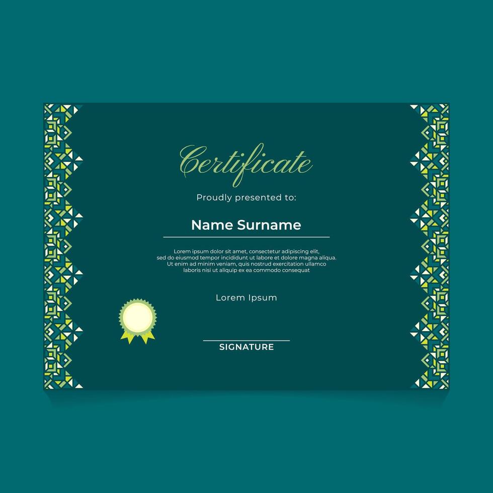 Certificate Template Design with Green Pastel Oriental Ornament on Dark Theme vector