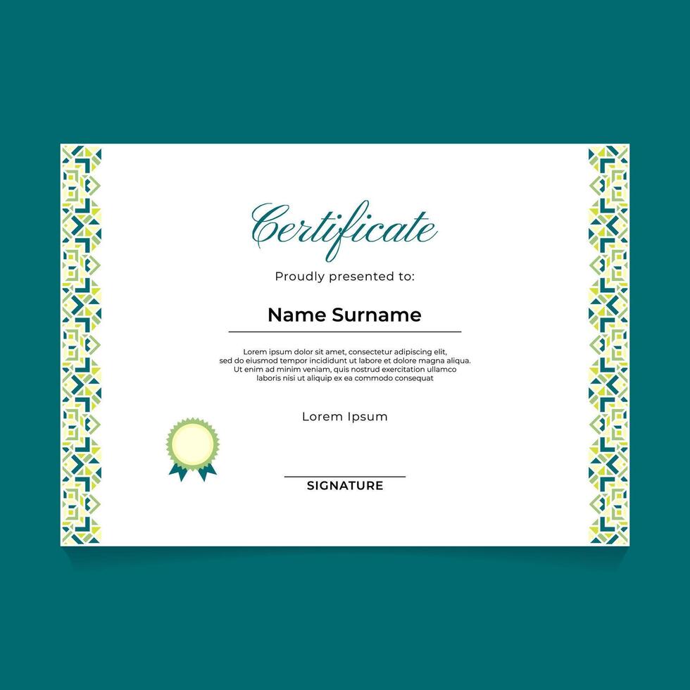 Certificate Template Design with Oriental Green Pastel Ornament on The Side vector