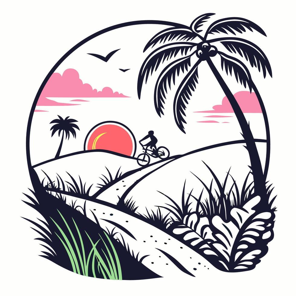 a man riding a bicycle on a path through a palm tree and a sunset vector