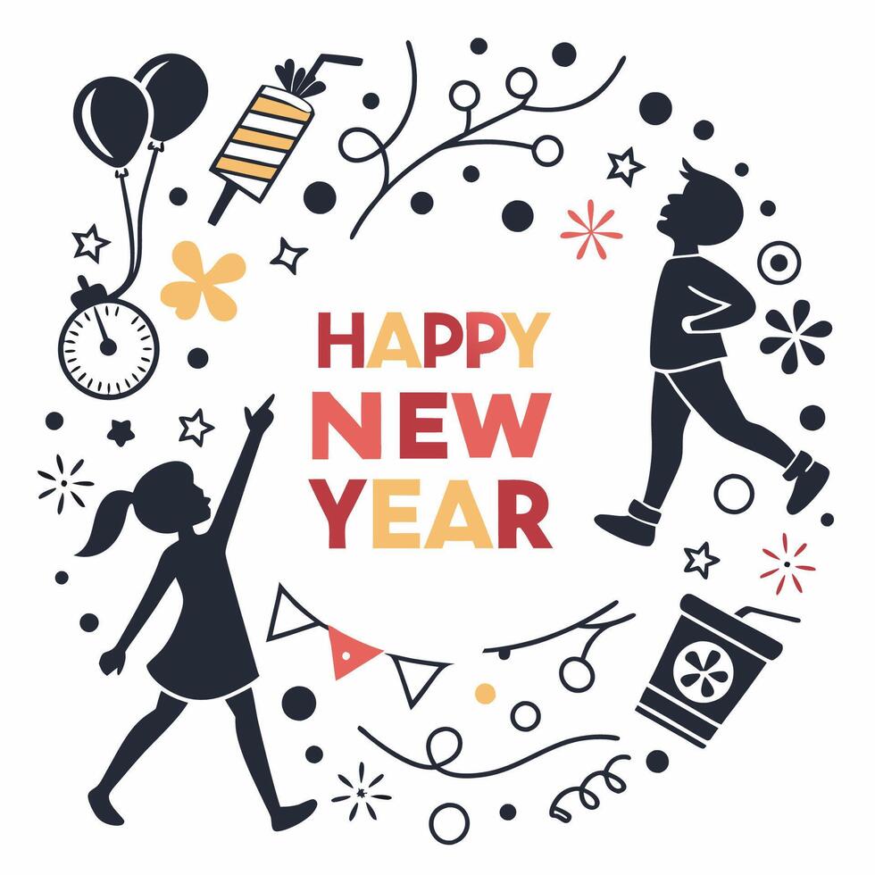 happy new year greeting card with children and balloons vector