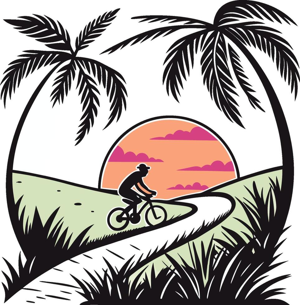 a man riding a bike on a path through palm trees at sunset vector