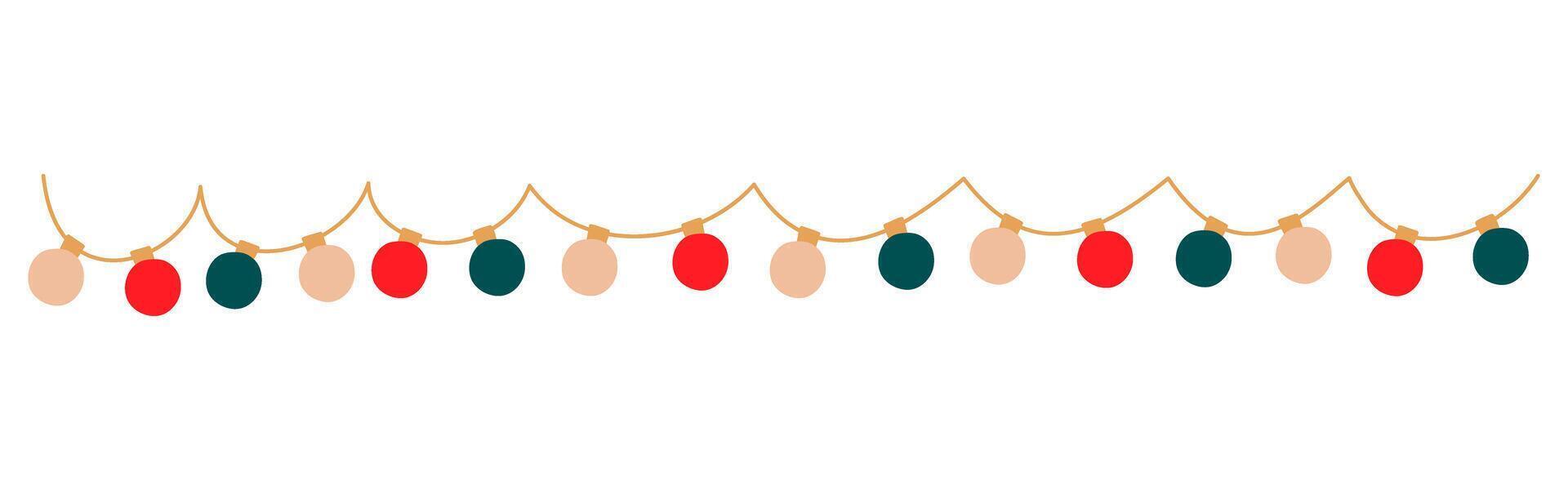 Christmas lights long looped garland with colored circle bulbs. Xmas festive string decoration with hanging retro lightbulb. Glowing lamps for holiday cards, banners, posters. illustration. vector