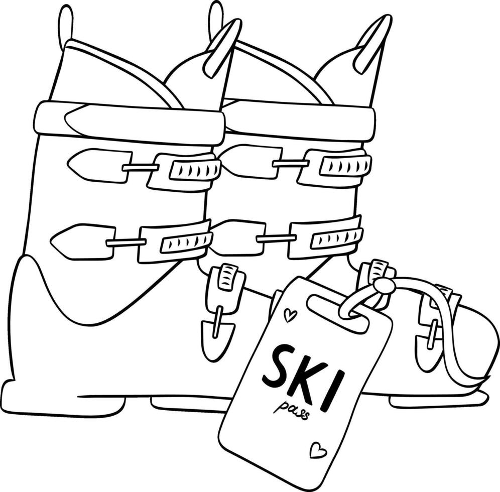 Skiing boots graphic line composition with ski pass card. silhouette illustration vector