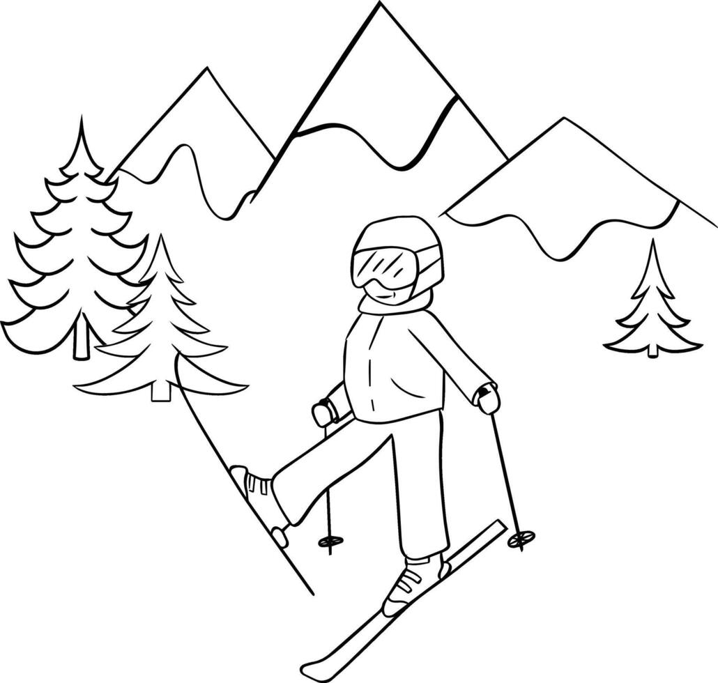 Skier in mountains with pine trees illustration. Snow hills landscape. Graphic line composition Happy entertaining kids. Active rest, winter leisure concept vector