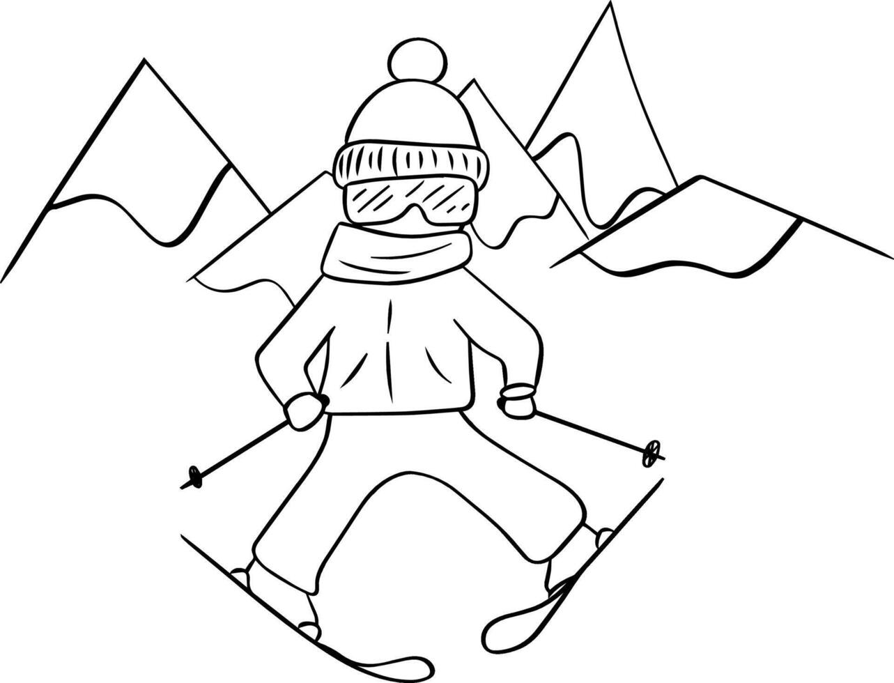 young skier skiing in the snowy mountain, graphic line illustration vector