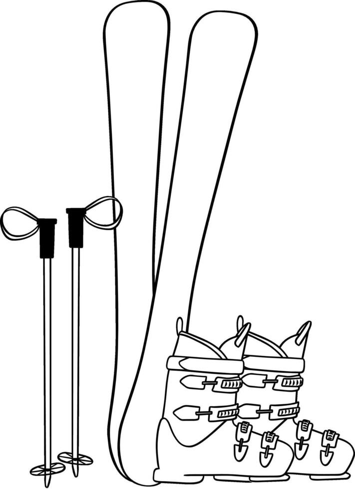 graphic line equipment for skiing ski boots, skis and ski poles, illustration isolated on white background. Snowboard, skates and skis, leisure, activities vector