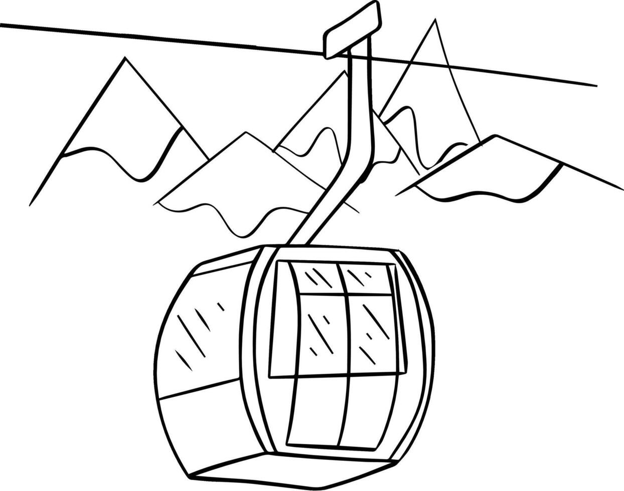 Cable car transportation graphic line art composition. Gondola in sky and mountains with clouds. Recreational winter sports, holidays and vacations. vector