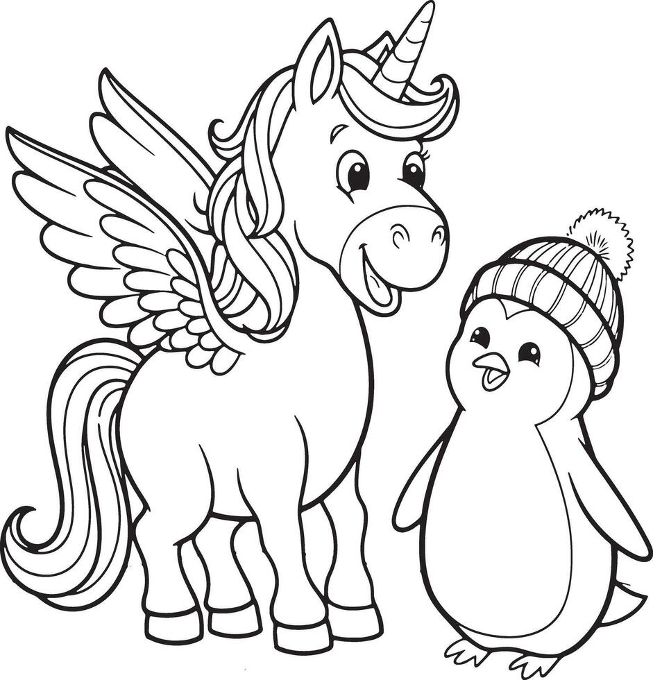 Unicorn and Penguin Friendship in Snow Whimsical Coloring Page for Kids vector