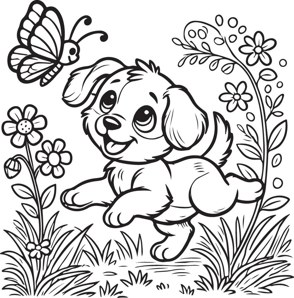 Playful Puppy Chasing Butterfly Fun Coloring Page for Kids vector