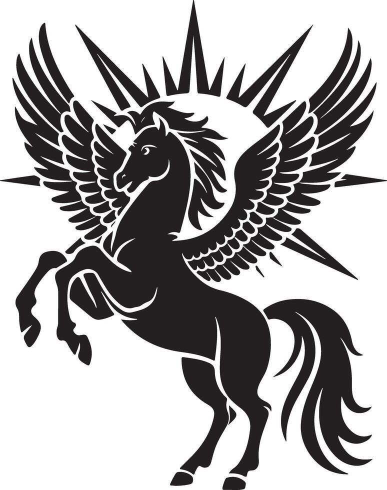 Rearing Pegasus with Wings Elegant Silhouette and Sunburst Design vector