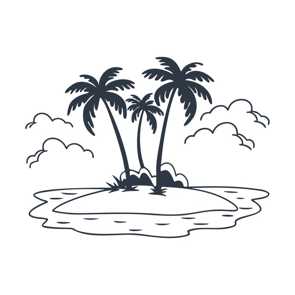 Island with palm trees in the ocean. Summer landscape. Monochrome illustration. Sketch vector