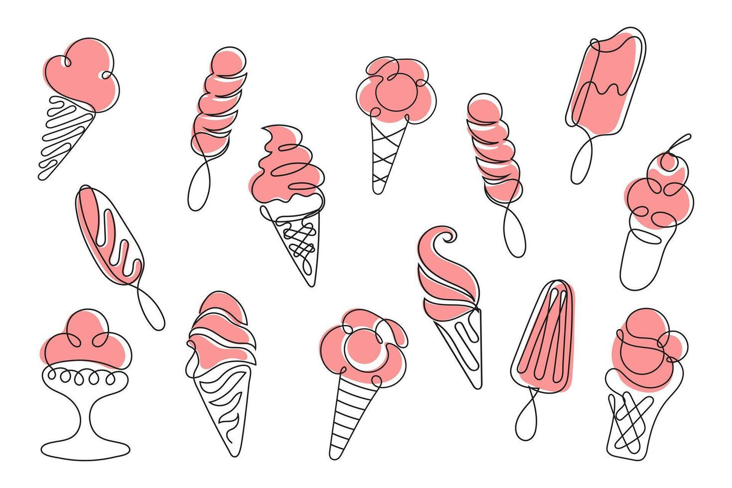 Hand drawn line art set with different types of ice cream, waffle cone, ice cream cup, popsicle, sundae. Sketch style illustration vector