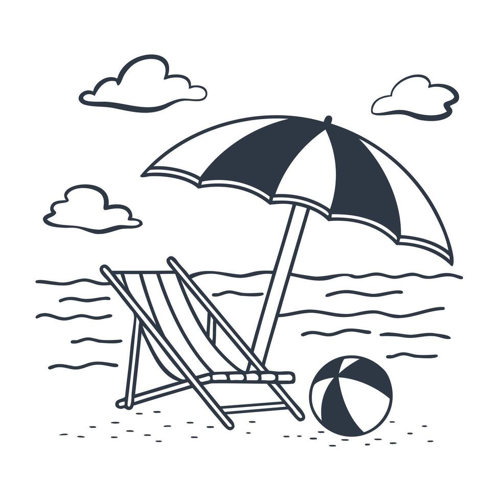 Beach lounger with umbrella on the beach. Summer landscape. Monochrome illustration. Sketch vector