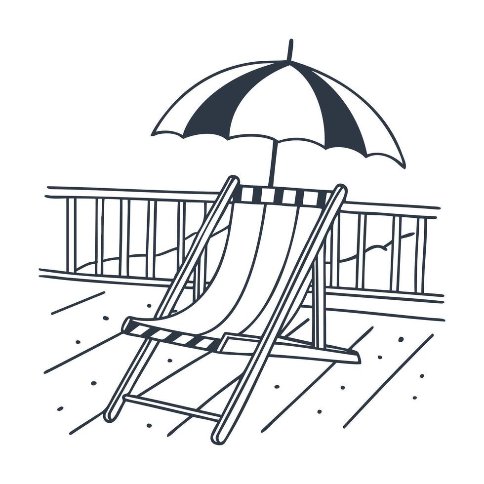 Beach lounger with umbrella on terrace. Summer landscape. Monochrome illustration. Sketch vector