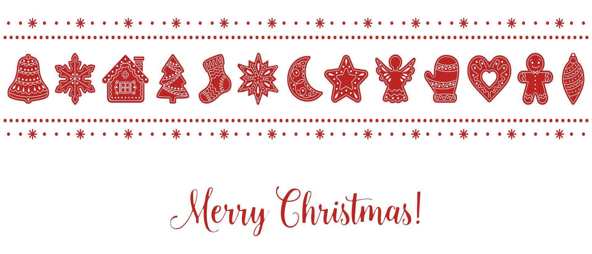 Christmas card with gingerbread cookies in the shape of different characters and holiday items. Red and white illustration. vector