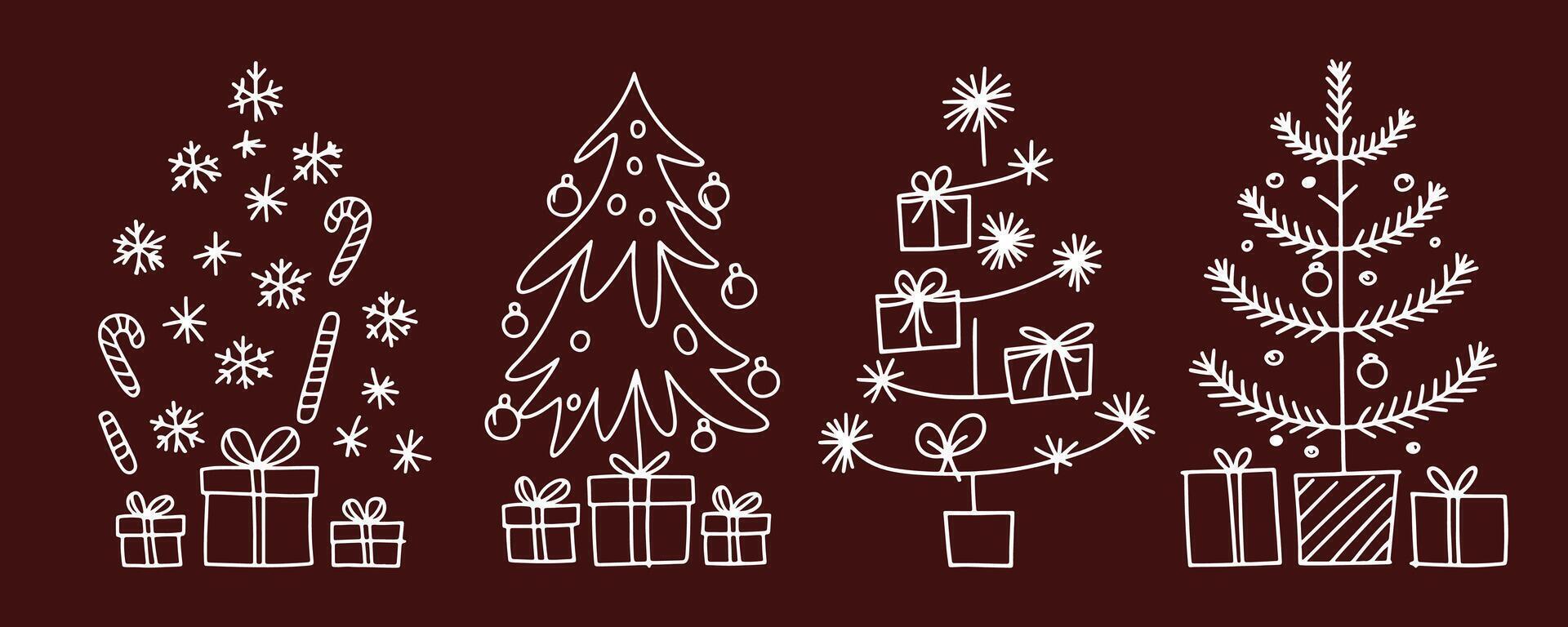 Festive Christmas Tree Line Art with Gifts, Ornaments, and Holiday Icons Perfect for Seasonal Decorations and Winter Celebrations vector