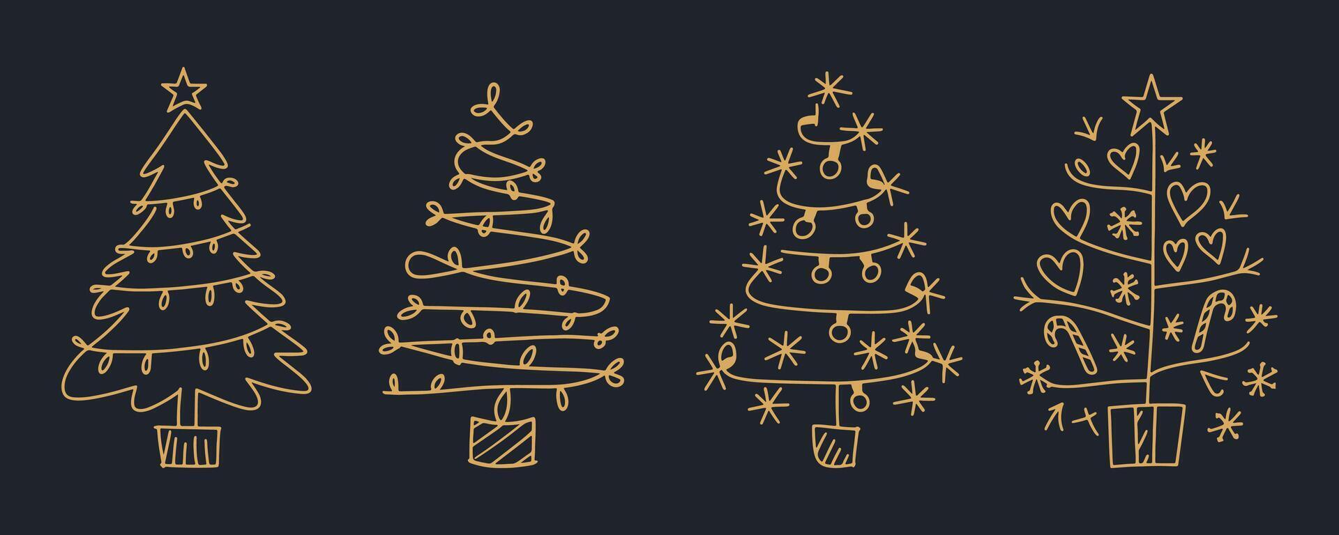 a set of four hand-drawn Christmas trees, each with its unique style and decorations. The trees feature simple line art and are decorated with lights, stars, hearts, and candy canes vector