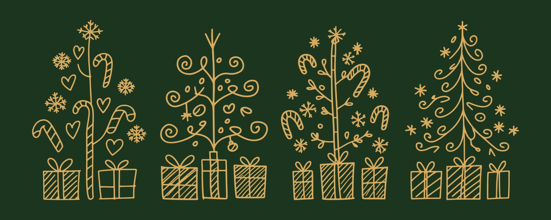 a set of four whimsical Christmas trees, each with its unique style and decorations vector