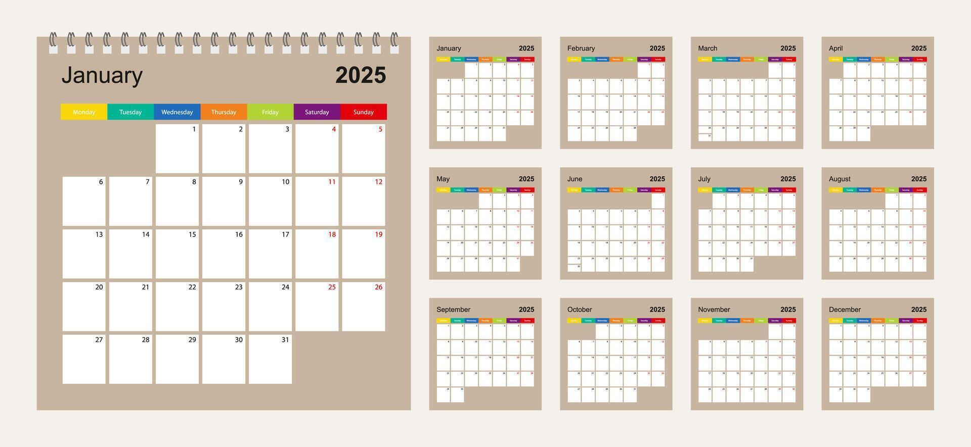 Calendar 2025 colorful design, set of 12 wall planner calendar pages on beige background. Week starts on Monday. vector