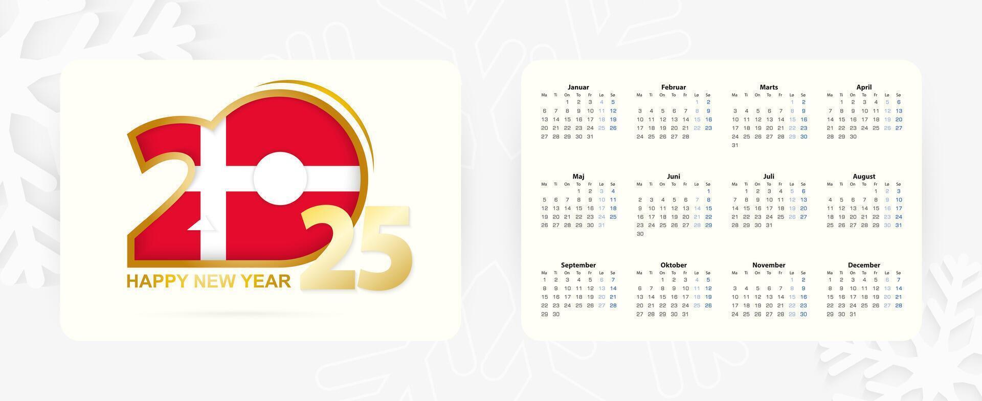 Horizontal Pocket Calendar 2025 in Danish language. New Year 2025 icon with flag of Denmark. vector
