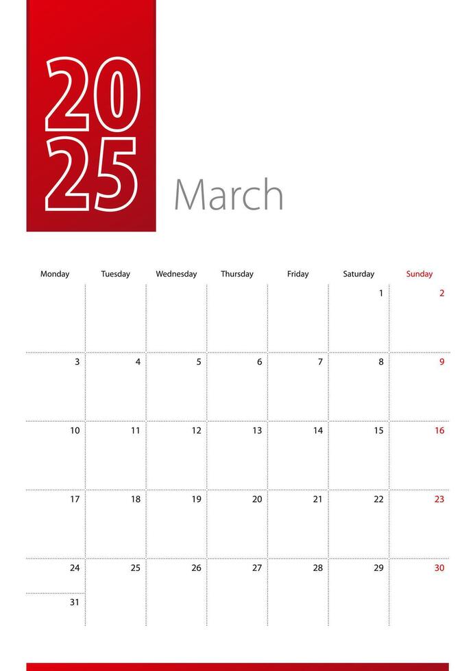 March 2025 calendar design. Week starts on Monday. Vertical calendar