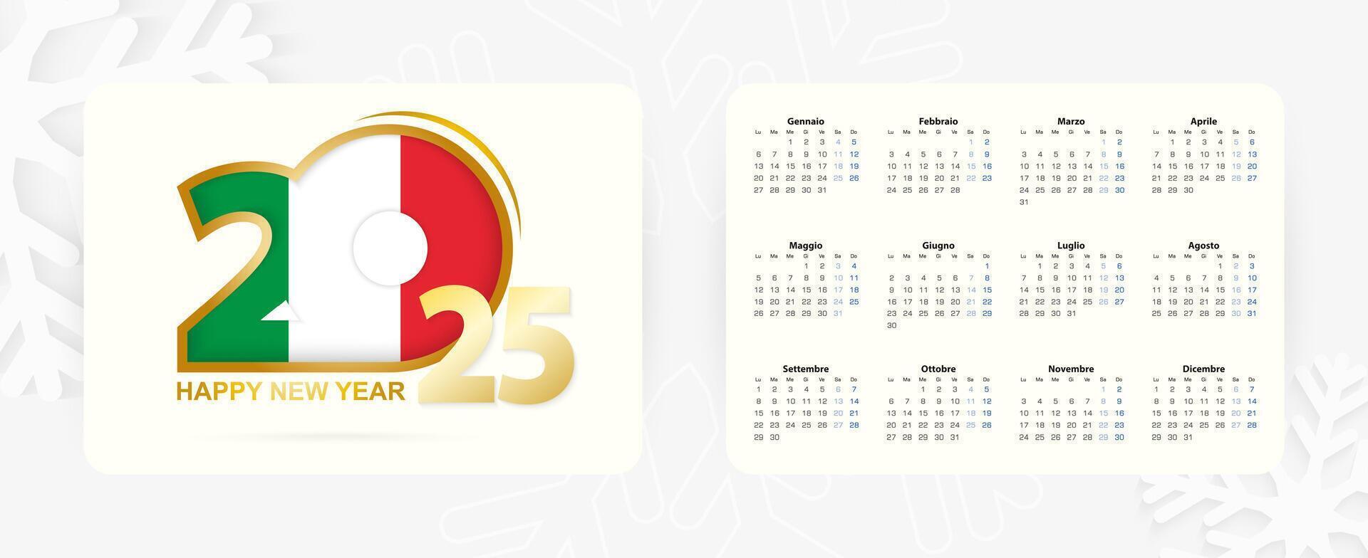Horizontal Pocket Calendar 2025 in Italian language. New Year 2025 icon with flag of Italy. vector