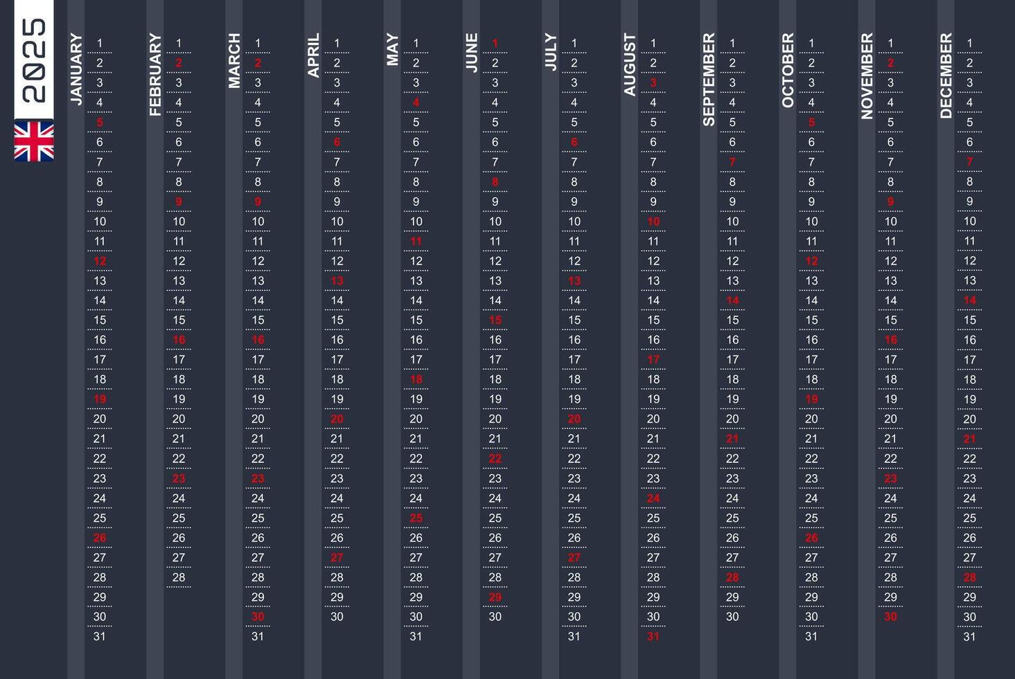 One-row vertical calendar for the year 2025 in English. English calendar for 2025 with highlighted Sundays. vector