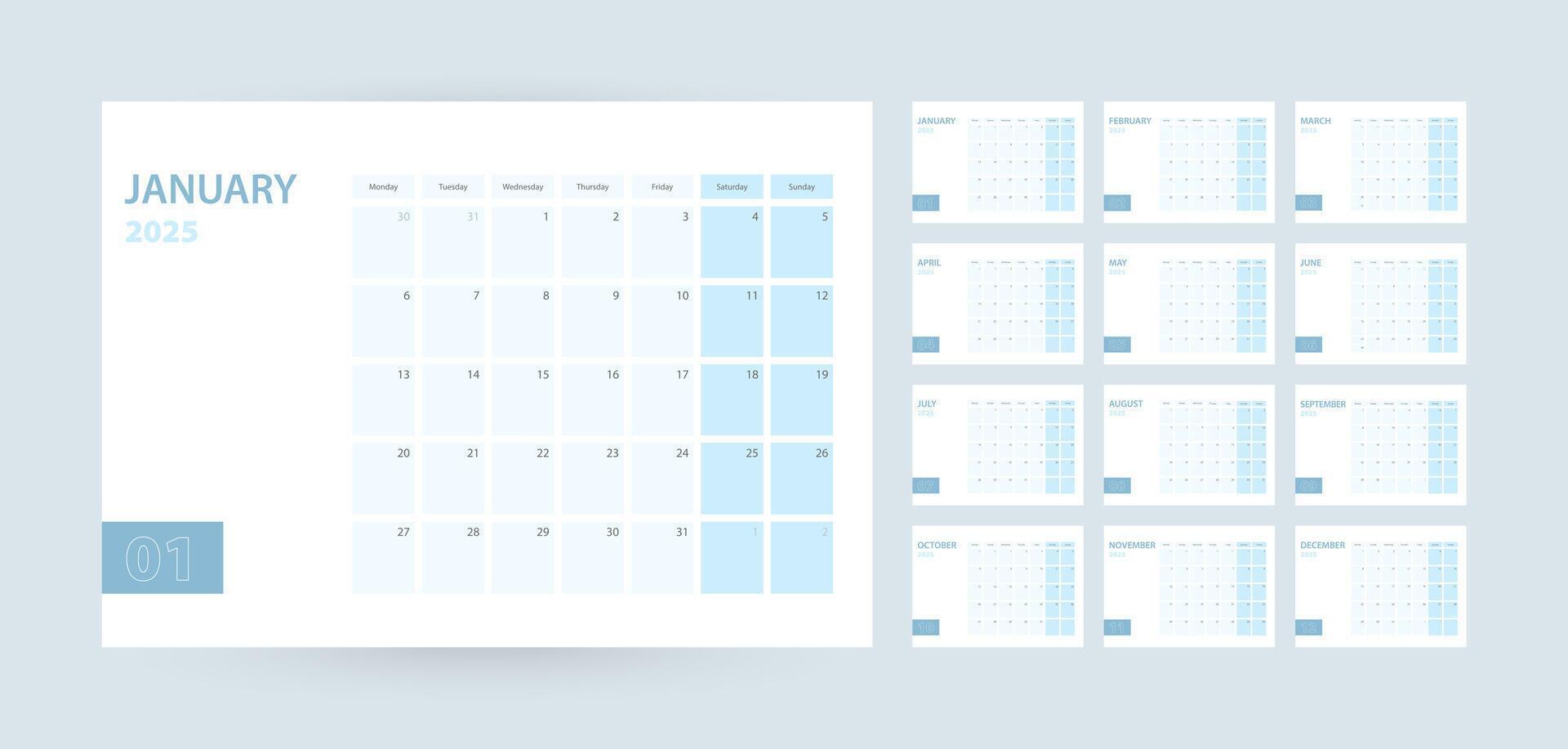 Monthly calendar template for the year 2025, the week starts on Monday. The calendar is in a blue color scheme. vector