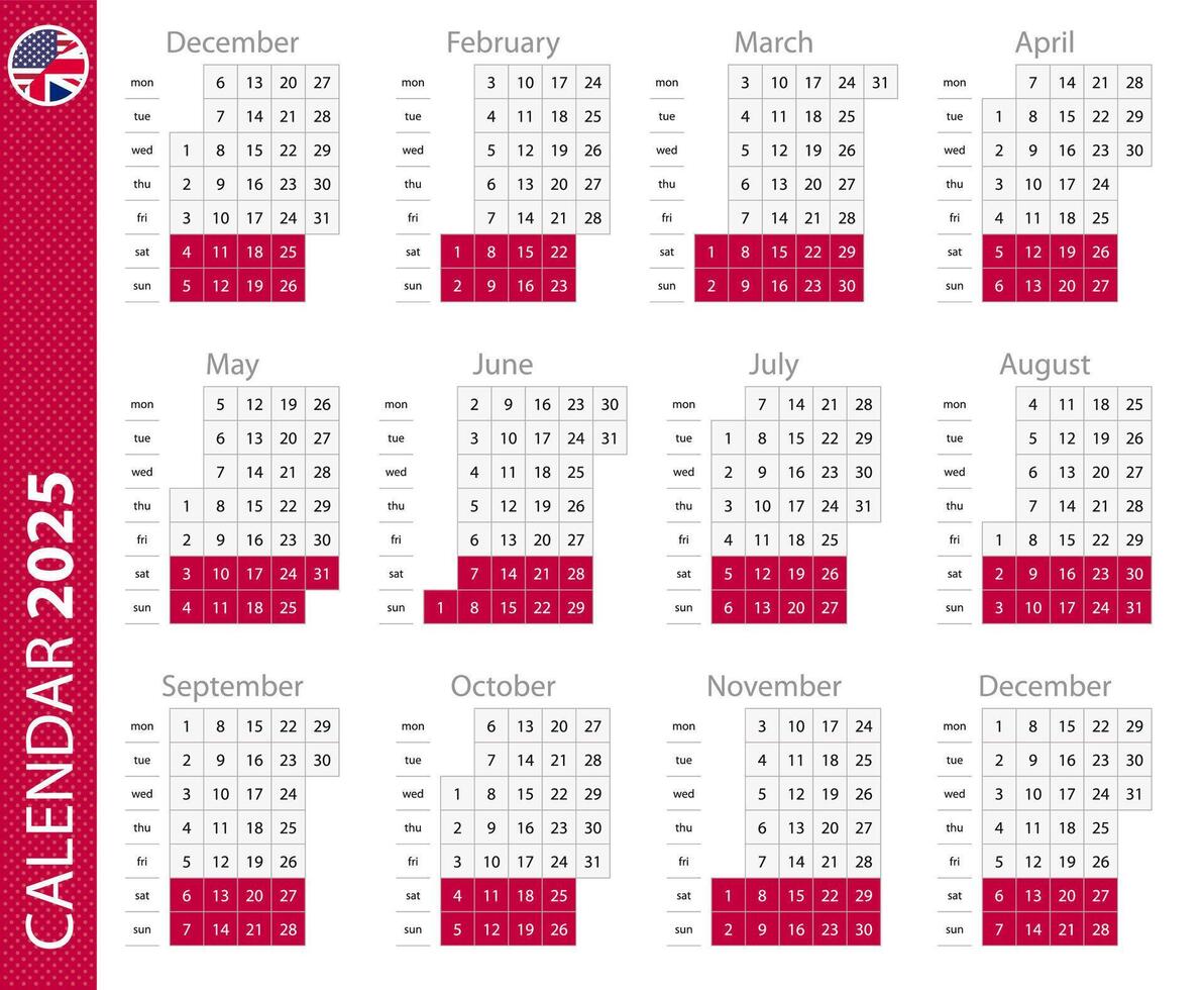 2025 calendar with vertical grid. vector