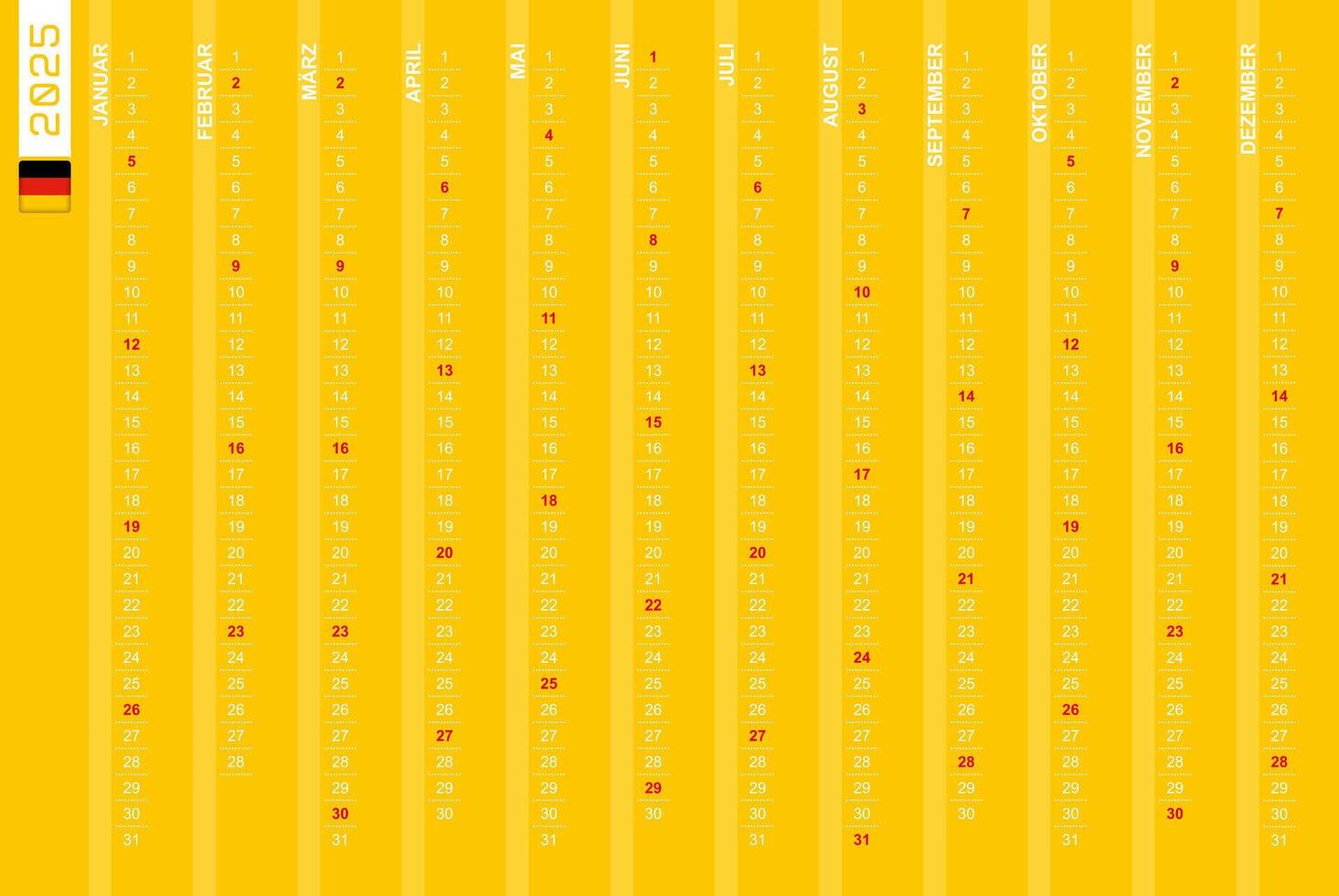 One-row vertical calendar for the year 2025 in German. German calendar for 2025 with highlighted Sundays. vector