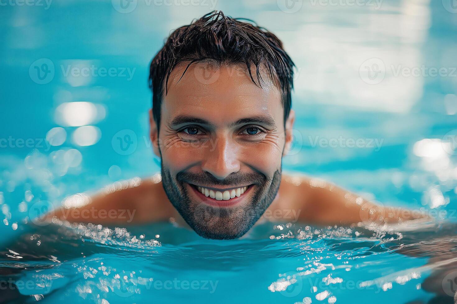 Young caucasian male smiling in swimming pool. photo