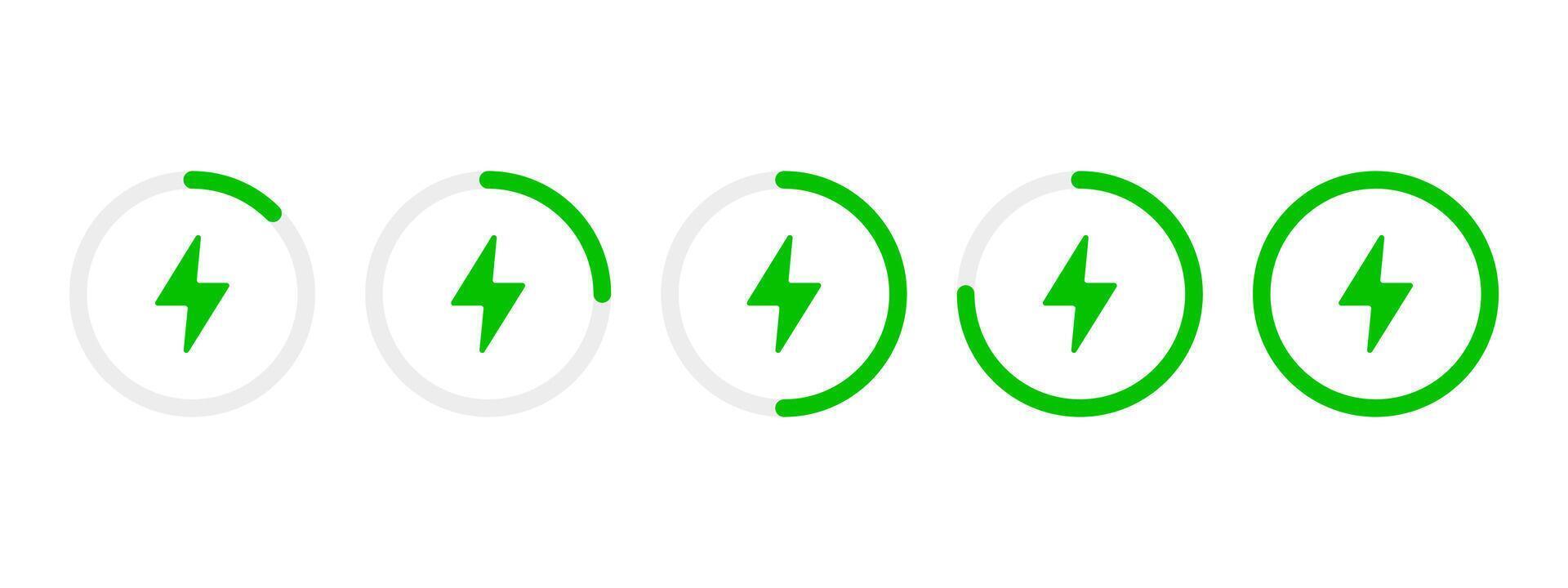 Battery charging circle indicator icon set. Green round battery power level illustration collection. Lightning inside a rounded diagram infographic symbol. Loading process progress bar sign. vector