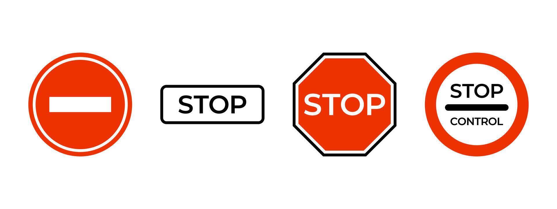 Stop sign icon set. Stop roadsign illustration. Traffic control symbol. Red block travel prohibited octagon. Warning, caution, attention or danger information emblem. No way access pictogram. vector