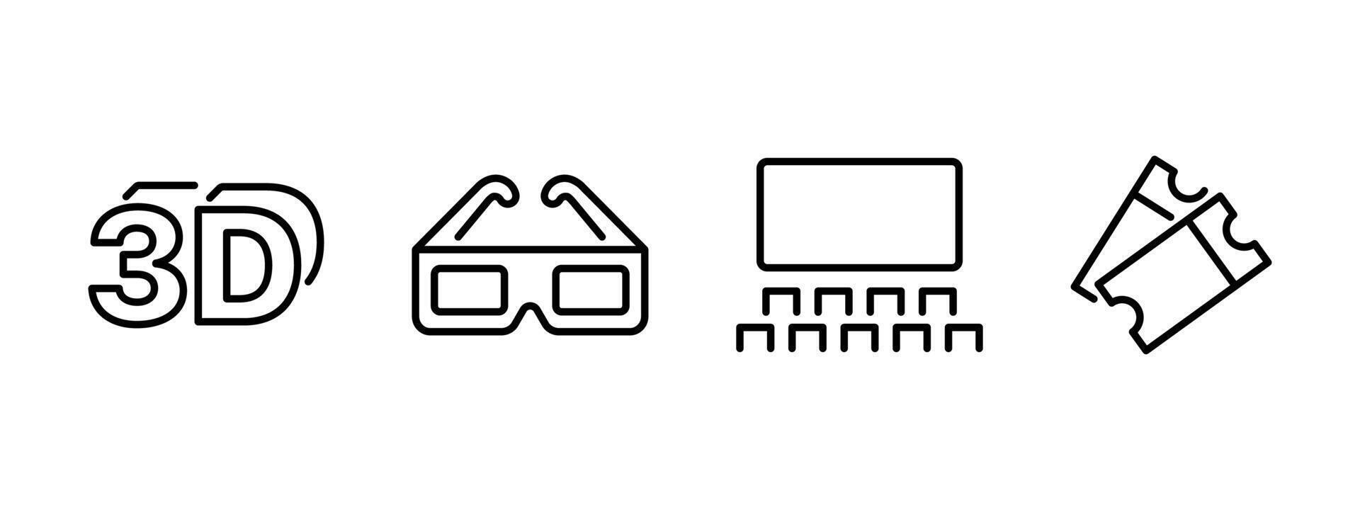3D cinema icon set. Movie theatre three-dimensional cinematic concept. 3D glasses symbol. Projector screen with hall and viewer sits pictogram collection. Cinema ticket with 3-D sign concept. vector