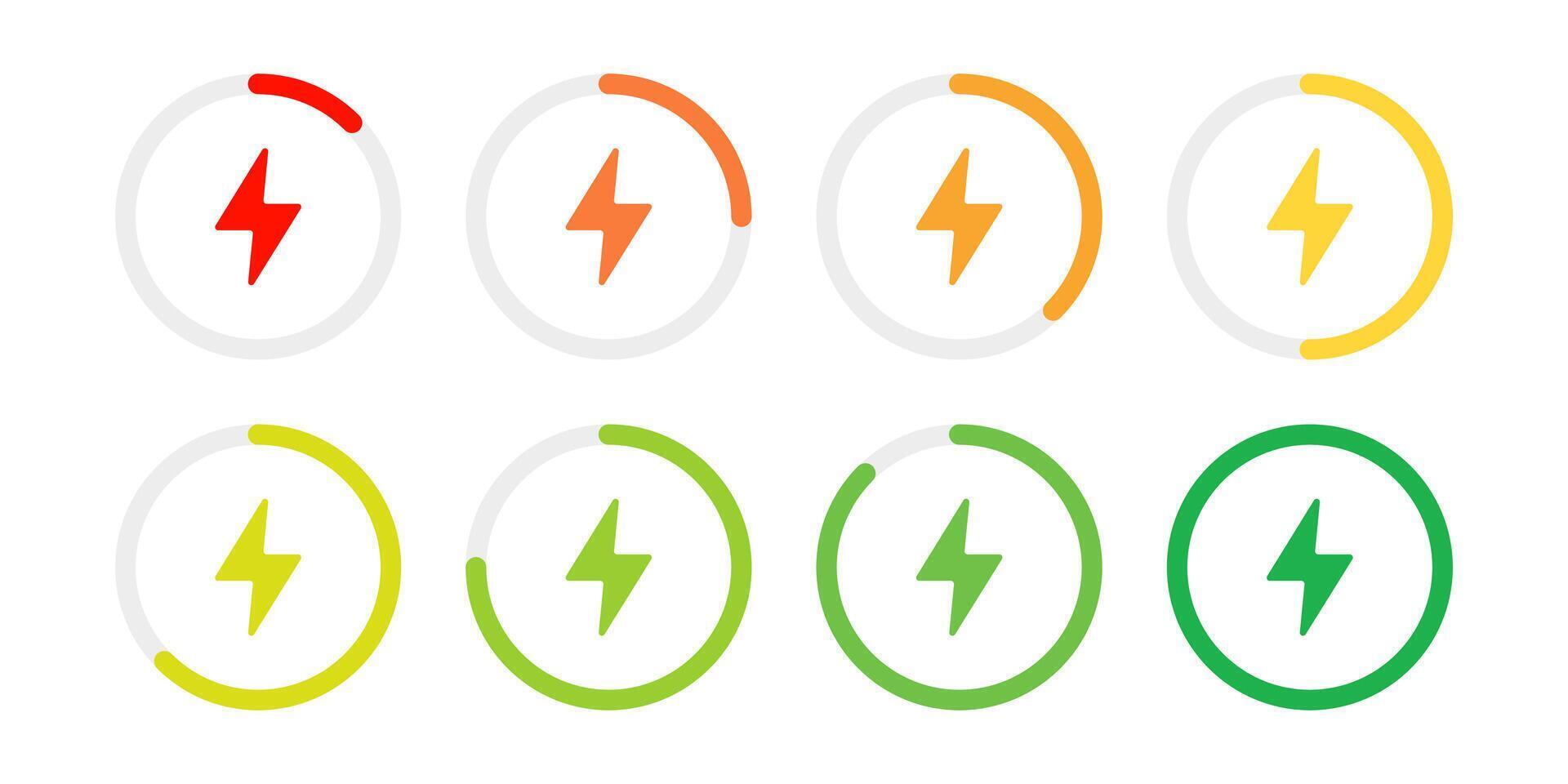 Circle battery charging indicators with lightning symbol icon set. Charge level round diagram infographic illustration. Battery capacity progress bar symbol. Circular accumulator power sign. vector