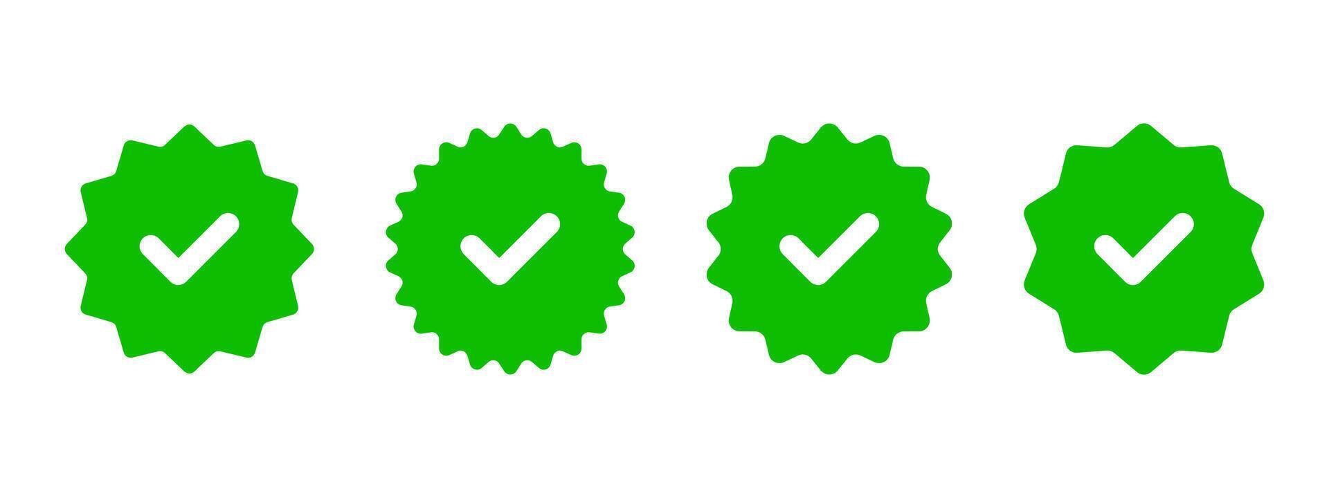Green checkmark starburst icon set. Verification label illustration. Approved quality mark symbol. Correct badge, stamp and sticker. Guarantee certificate emblem. Certified checkmark sign. vector