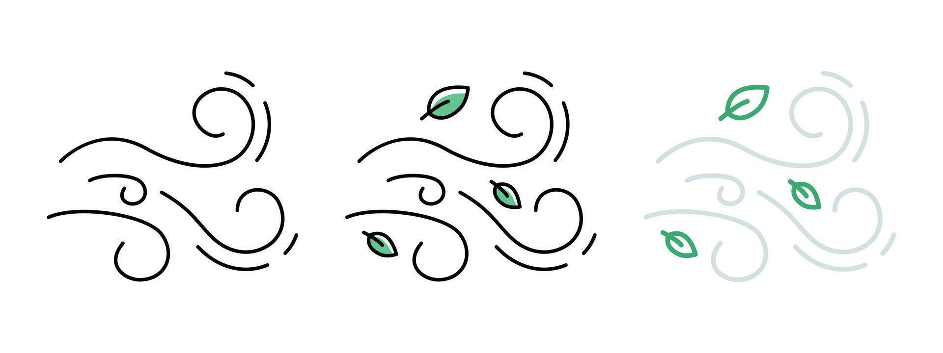 Blowing wind with leaves icon. Air swirl with leaf illustration. Autumn storm doodle. Windy weather waves with flying leaf symbol. Hurricane pictogram. Falling leaves with air flow sign. vector
