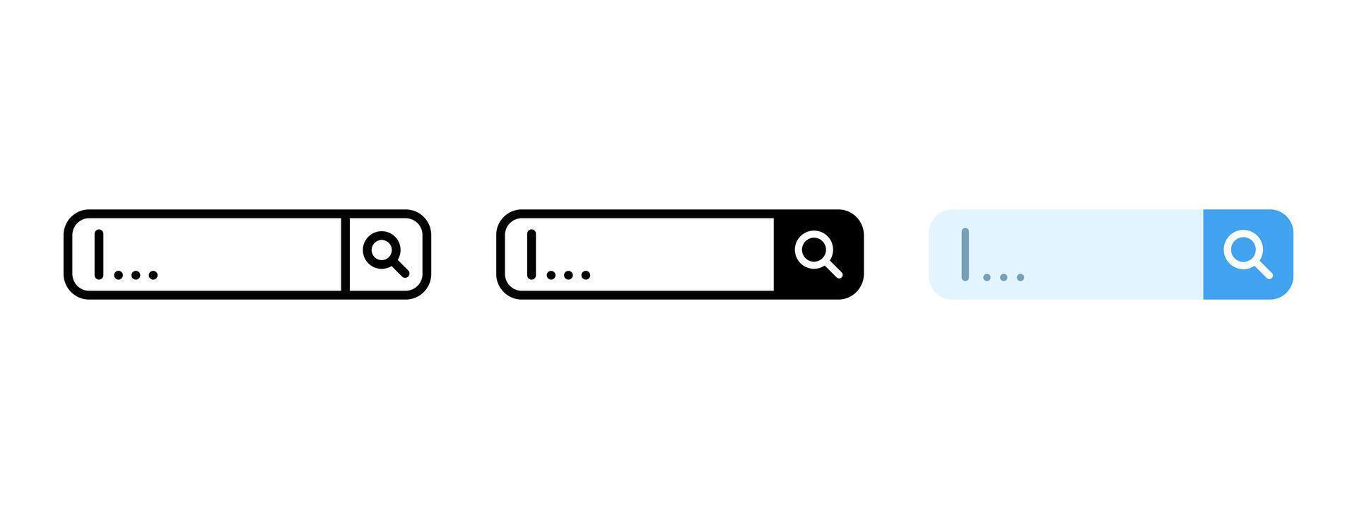 Search bar icon. Web browser search bar navigation element. Finder button. Search form field with magnifier glass pictogram. Website address frame concept. vector