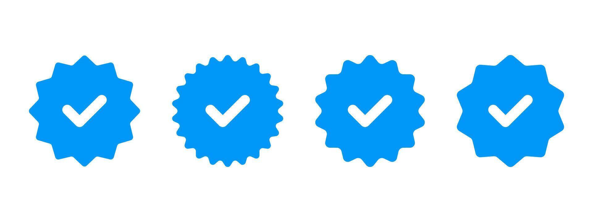 Blue checkmark starburst icon set. Verification label illustration. Approved quality mark symbol. Correct badge, stamp and sticker. Guarantee certificate emblem. Certified checkmark sign. vector