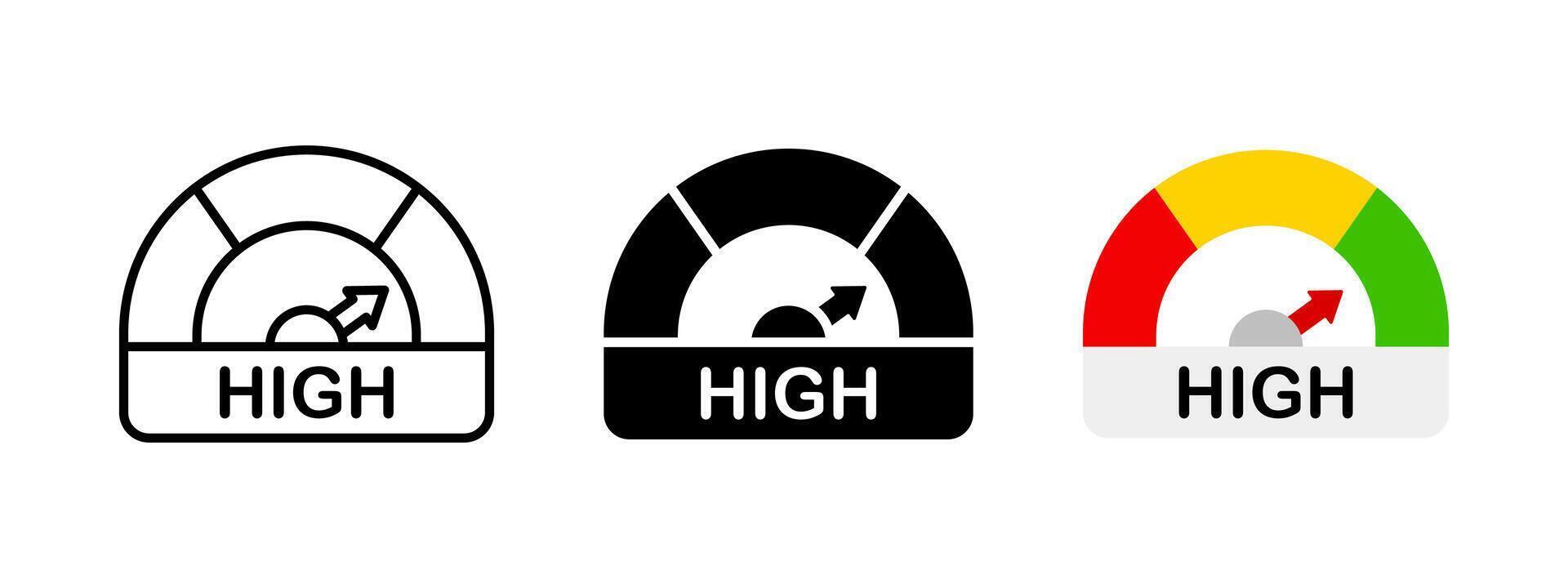 High power level indicator icon set. High performance diagram. Highest speed infographic illustration. Measuring gauge chart symbol. High risk dial dashboard sign. Progress bar arrow icon. vector