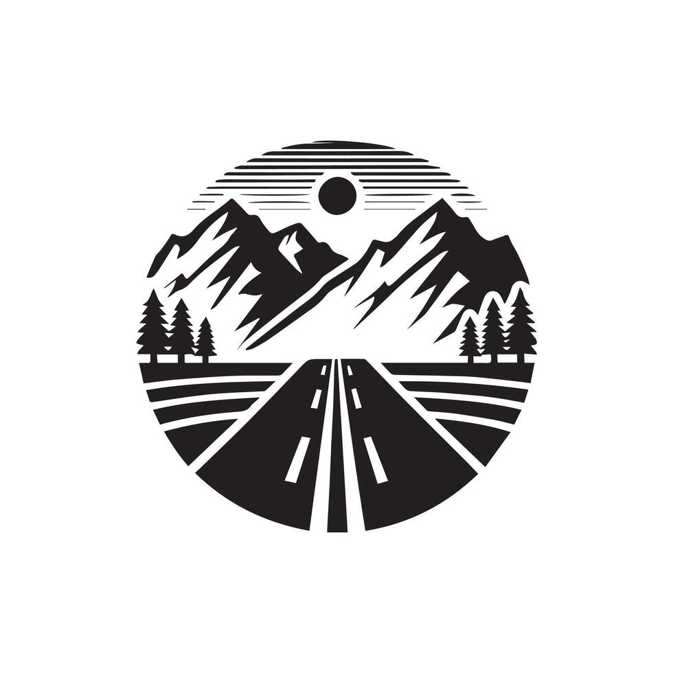 A black and white logo for a mountain road vector