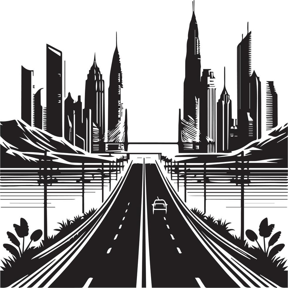 A black and white illustration of a highway with city buildings vector