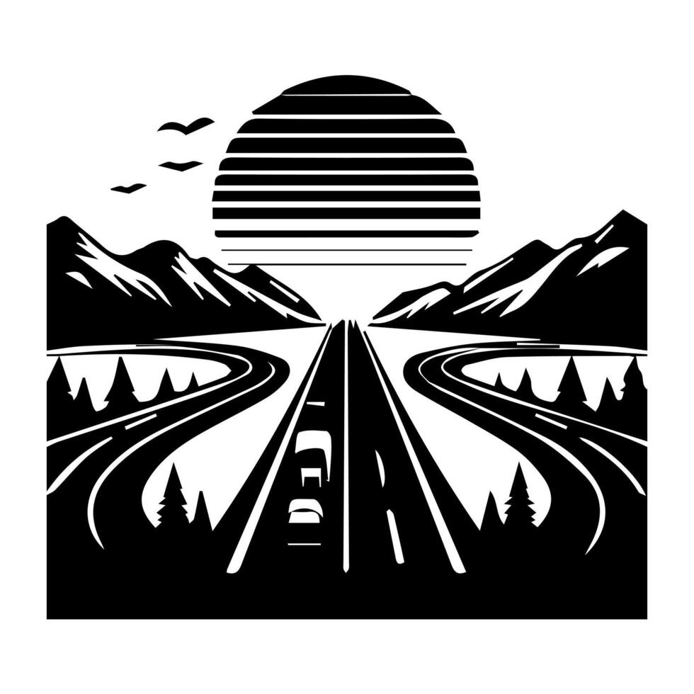 A black and white logo of a road with mountains in the background vector